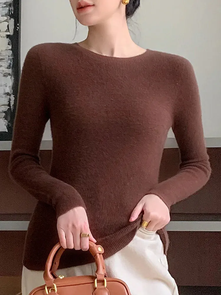 New Fashion Women's Slim O-neck Half-Sleeve Pullover Solid Color Merino Wool Sweater