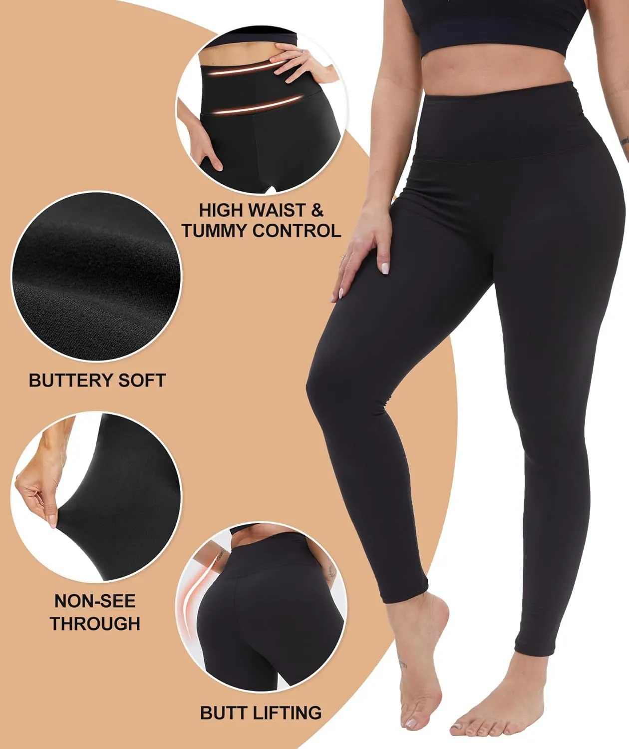 NexiEpoch High Waisted Leggings for Women - Black Tummy Control Compression Soft Yoga Pants for Workout Reg & Plus Size