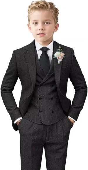 ProPoFol Boys Tweed Herringbone Suits Slim Fit Suits for Boys Tuxedo Jacket Vest Pants Set Formal Wedding Homecoming
