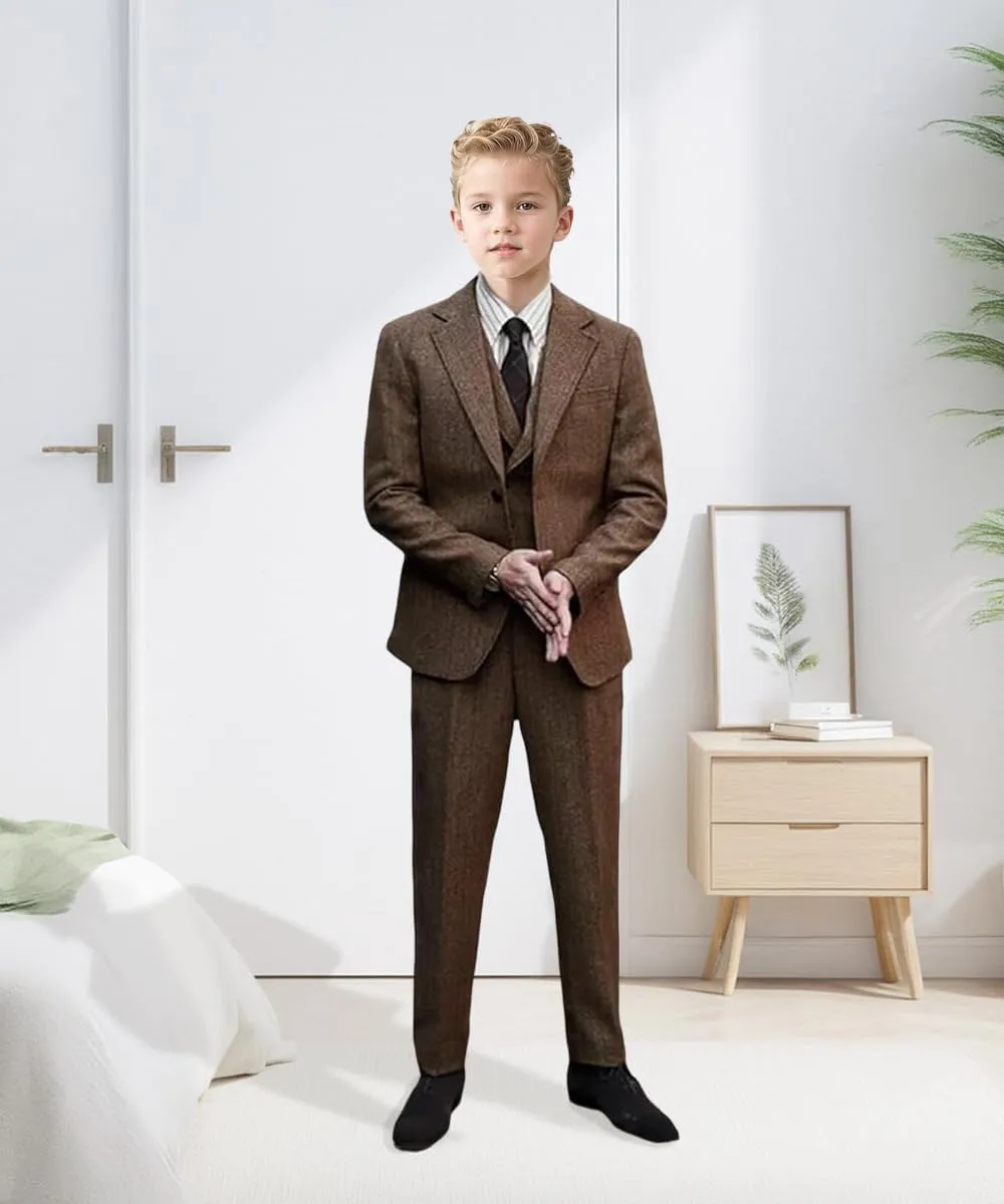 ProPoFol Boys Tweed Herringbone Suits Slim Fit Suits for Boys Tuxedo Jacket Vest Pants Set Formal Wedding Homecoming