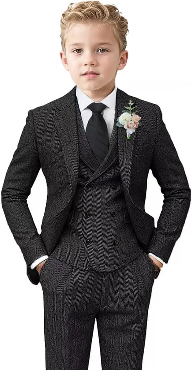 ProPoFol Boys Tweed Herringbone Suits Slim Fit Suits for Boys Tuxedo Jacket Vest Pants Set Formal Wedding Homecoming