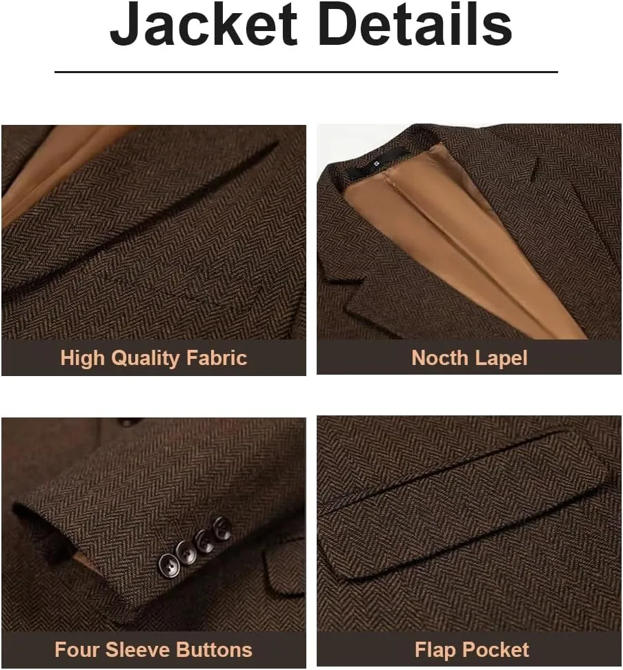 ProPoFol Boys Tweed Herringbone Suits Slim Fit Suits for Boys Tuxedo Jacket Vest Pants Set Formal Wedding Homecoming