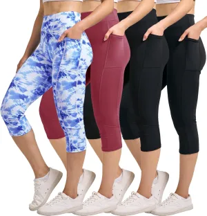 Real Essentials 4 Pack: Women's Capri Leggings with Pockets Casual Yoga Workout Exercise Pants (Available in Plus Size)