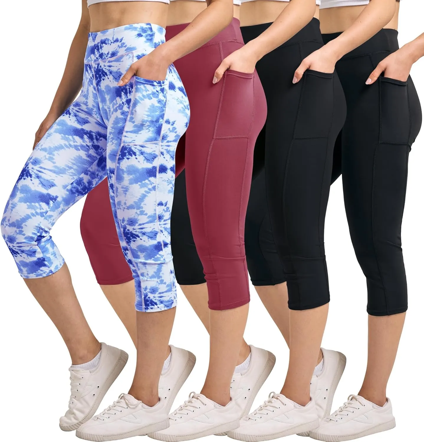 Real Essentials 4 Pack: Women's Capri Leggings with Pockets Casual Yoga Workout Exercise Pants (Available in Plus Size)