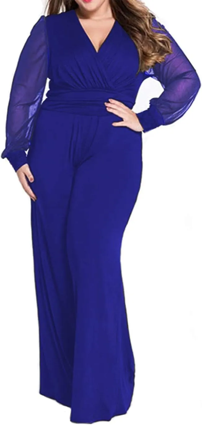 RED DOT BOUTIQUE 701 - Plus Size Mesh Long Sleeve V Wrap Neck Wide Leg Pants One Piece Jumpsuit