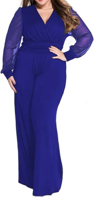 RED DOT BOUTIQUE 701 - Plus Size Mesh Long Sleeve V Wrap Neck Wide Leg Pants One Piece Jumpsuit
