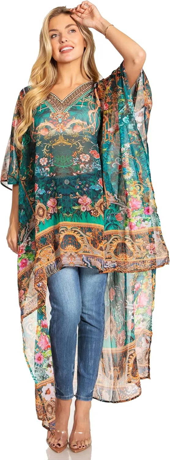 Sakkas Zeke Hi Low V-Neck Caftan Dress Printed Top Cover/Up