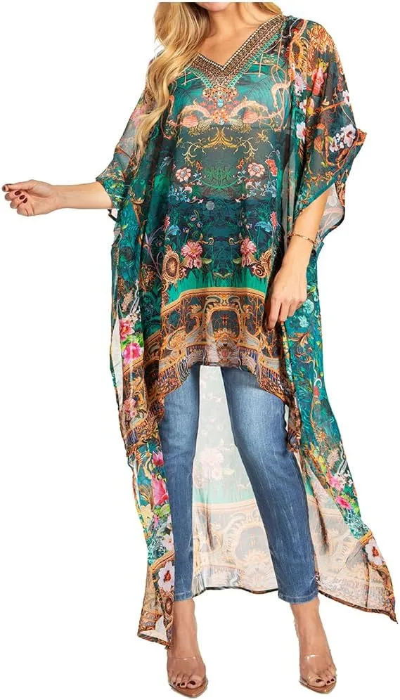 Sakkas Zeke Hi Low V-Neck Caftan Dress Printed Top Cover/Up
