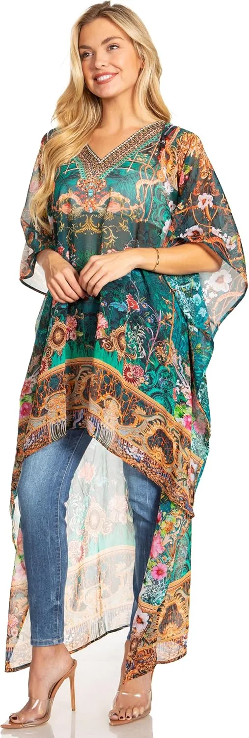 Sakkas Zeke Hi Low V-Neck Caftan Dress Printed Top Cover/Up