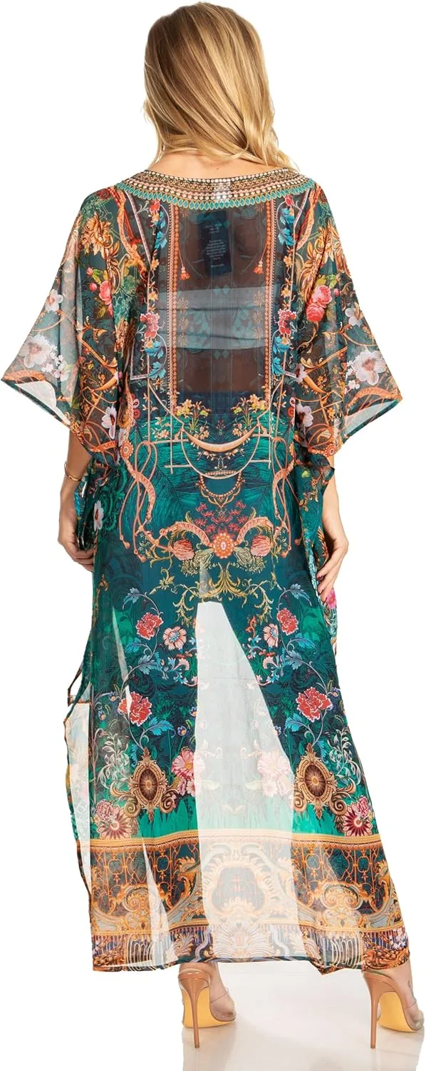 Sakkas Zeke Hi Low V-Neck Caftan Dress Printed Top Cover/Up