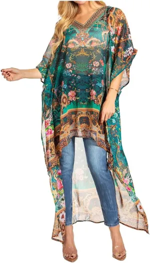 Sakkas Zeke Hi Low V-Neck Caftan Dress Printed Top Cover/Up