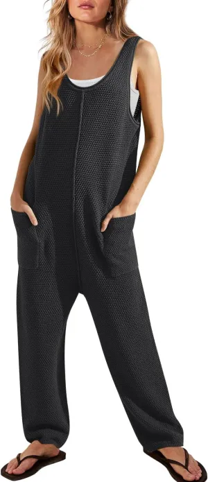 SENSERISE Womens Knit Jumpsuits Sweater Romper One Piece Loungewear Sleeveless Long Pants Overalls Fall Outfits