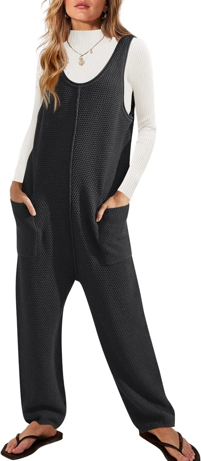SENSERISE Womens Knit Jumpsuits Sweater Romper One Piece Loungewear Sleeveless Long Pants Overalls Fall Outfits