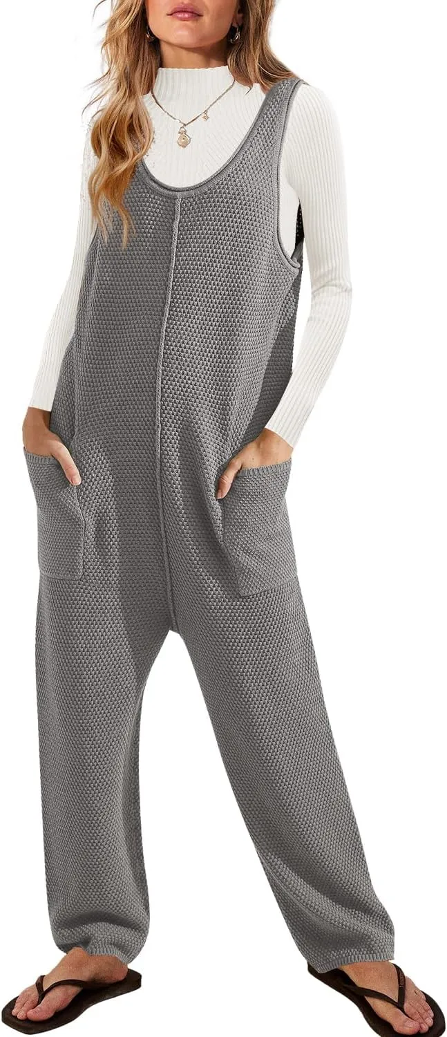 SENSERISE Womens Knit Jumpsuits Sweater Romper One Piece Loungewear Sleeveless Long Pants Overalls Fall Outfits