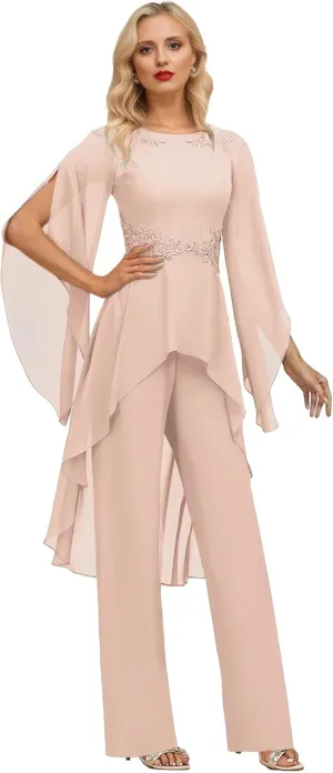 SIPUHK 2 Pieces Pant Suits for Women Dressy Lace Applique Chiffon Bell Sleeve Mother of The Bride Pantsuits for Wedding Guest