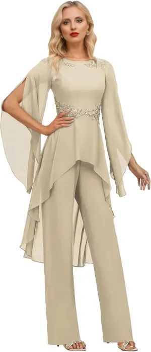SIPUHK 2 Pieces Pant Suits for Women Dressy Lace Applique Chiffon Bell Sleeve Mother of The Bride Pantsuits for Wedding Guest