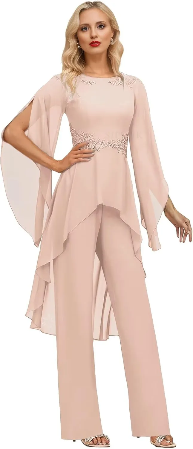 SIPUHK 2 Pieces Pant Suits for Women Dressy Lace Applique Chiffon Bell Sleeve Mother of The Bride Pantsuits for Wedding Guest