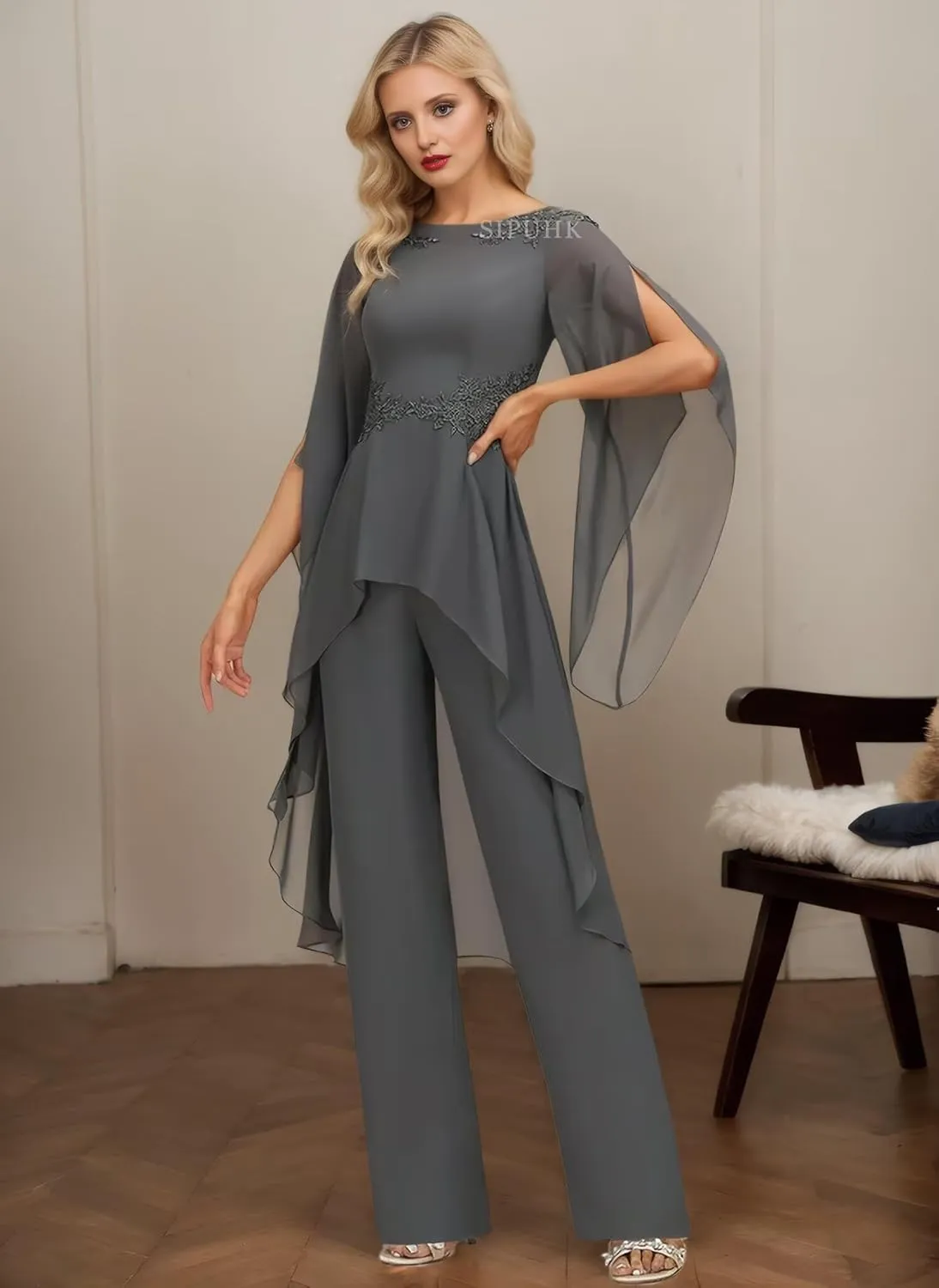 SIPUHK 2 Pieces Pant Suits for Women Dressy Lace Applique Chiffon Bell Sleeve Mother of The Bride Pantsuits for Wedding Guest