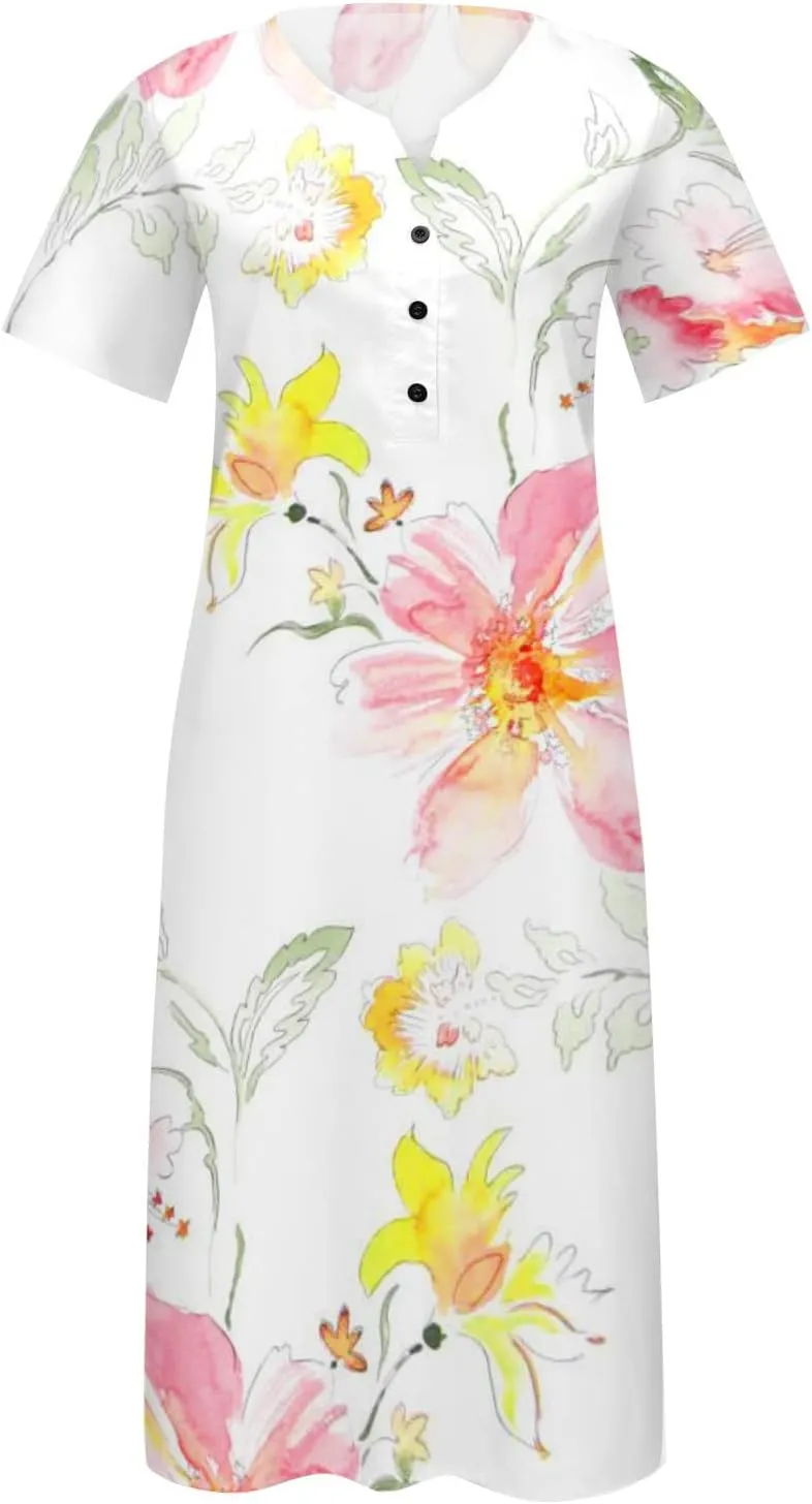 SMIDOW Summer Maxi Dresses for Women 2023 Casual Beach Tshirt Long Dress Printed Short Sleeve v Neck Flowy Sundress