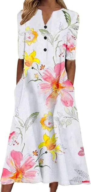 SMIDOW Summer Maxi Dresses for Women 2023 Casual Beach Tshirt Long Dress Printed Short Sleeve v Neck Flowy Sundress