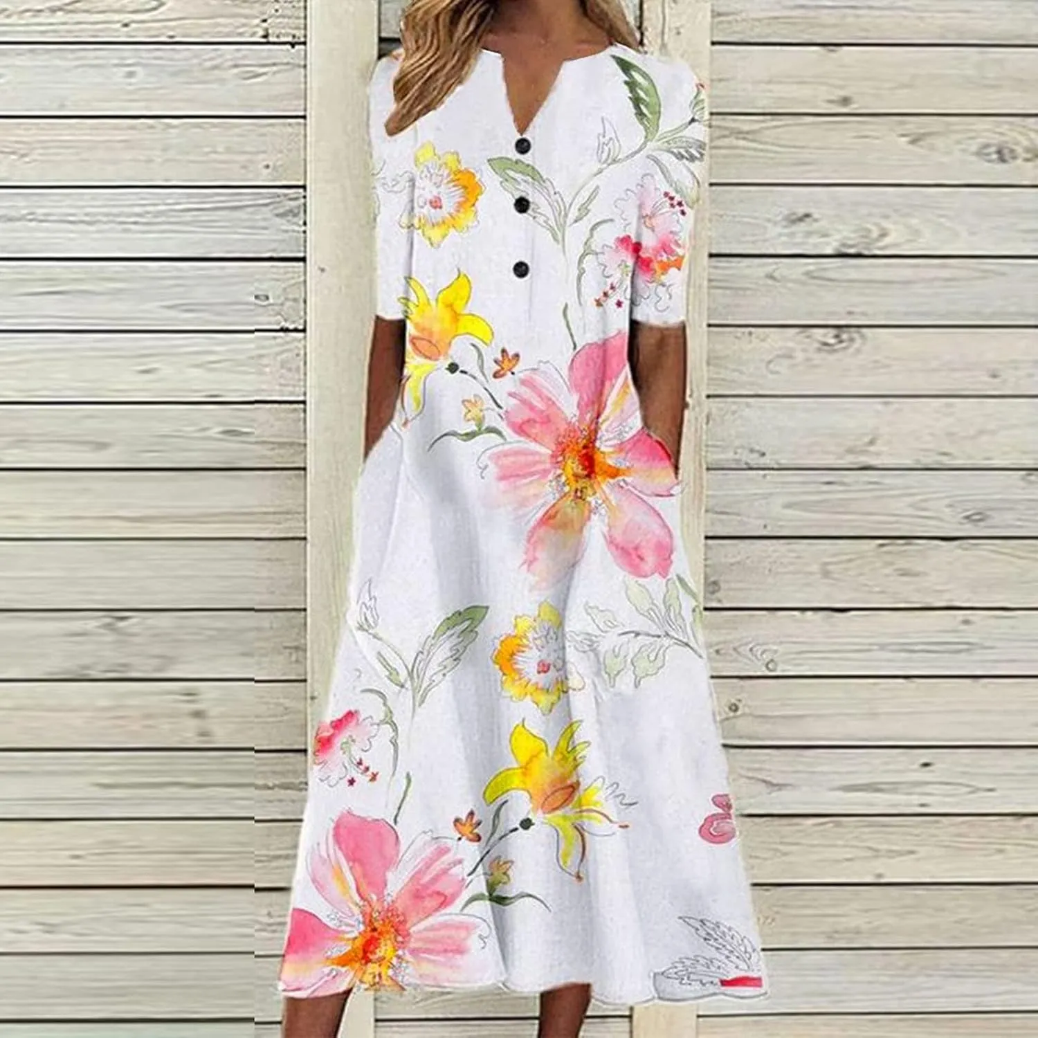 SMIDOW Summer Maxi Dresses for Women 2023 Casual Beach Tshirt Long Dress Printed Short Sleeve v Neck Flowy Sundress