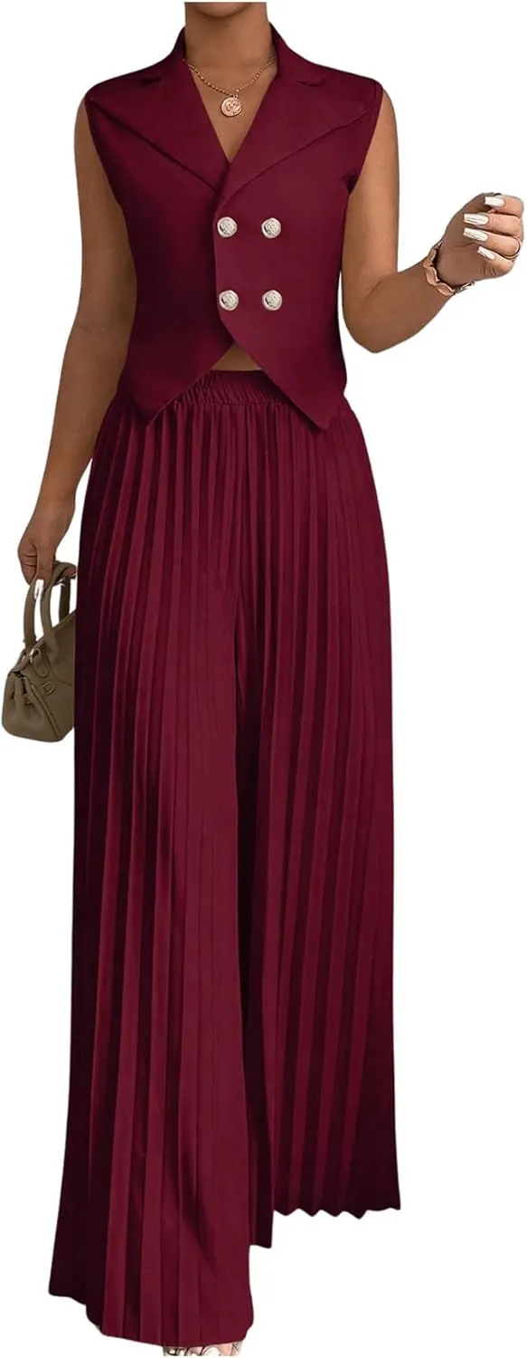 SOLY HUX Women's 2 Piece Business Outfit Button Down Lapel Collar Crop Vest Top and Pleated Pants Set