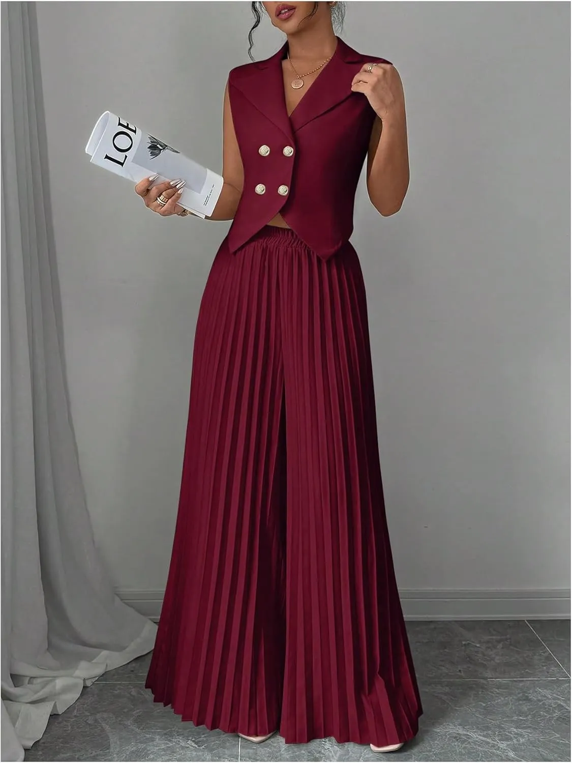 SOLY HUX Women's 2 Piece Business Outfit Button Down Lapel Collar Crop Vest Top and Pleated Pants Set