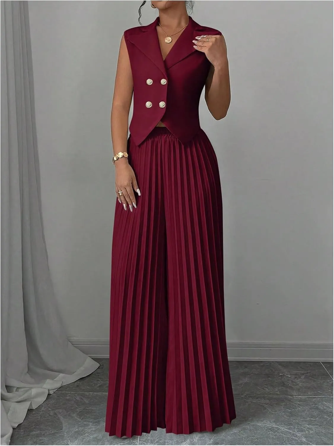 SOLY HUX Women's 2 Piece Business Outfit Button Down Lapel Collar Crop Vest Top and Pleated Pants Set