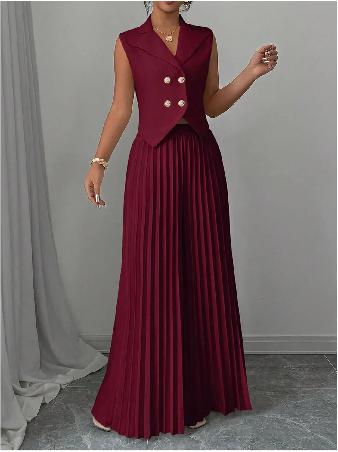 SOLY HUX Women's 2 Piece Business Outfit Button Down Lapel Collar Crop Vest Top and Pleated Pants Set