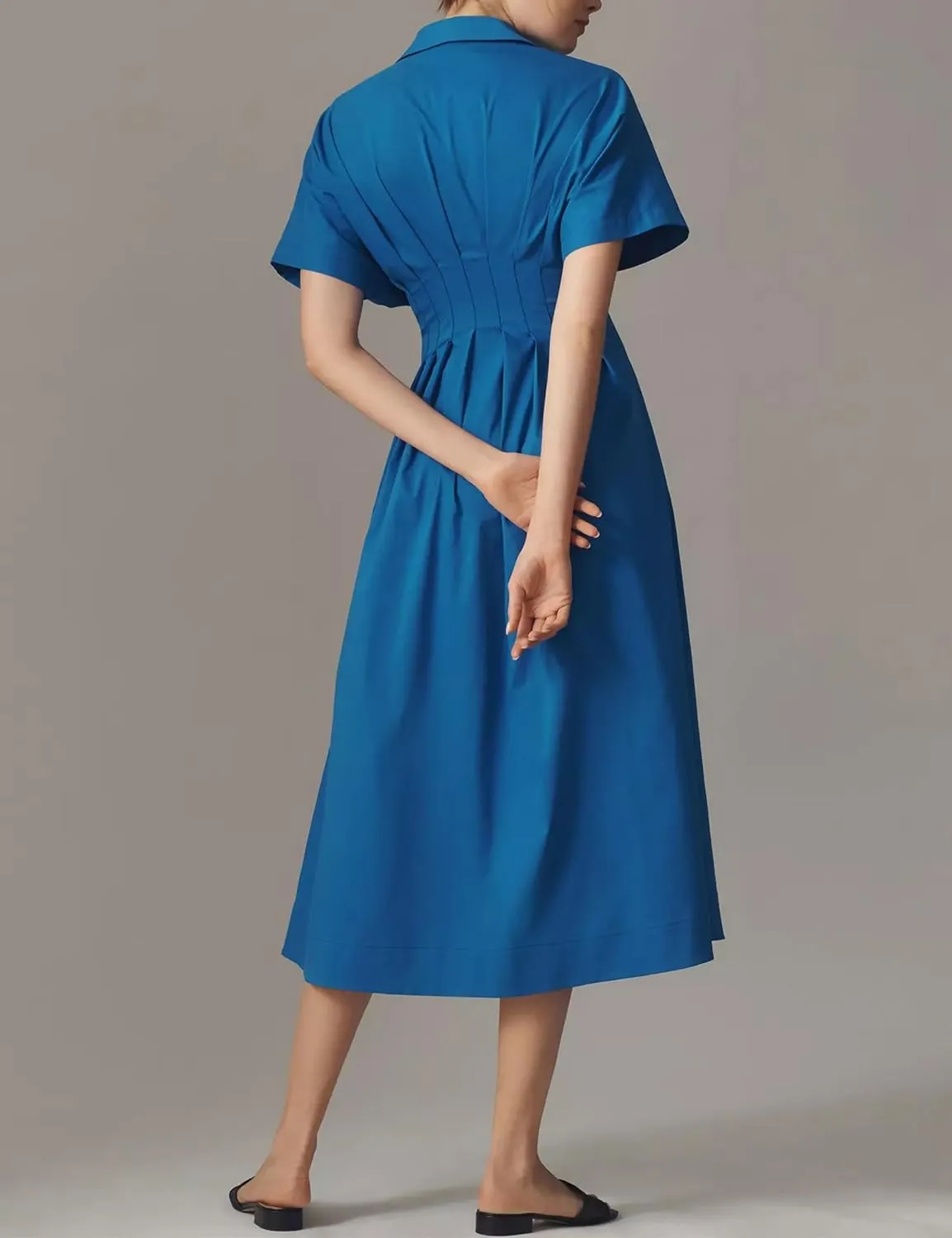 Striped Button Pleated Shirt Maxi Dress for Women Summer Short Sleeve Collar V Neck Corset Long Dress