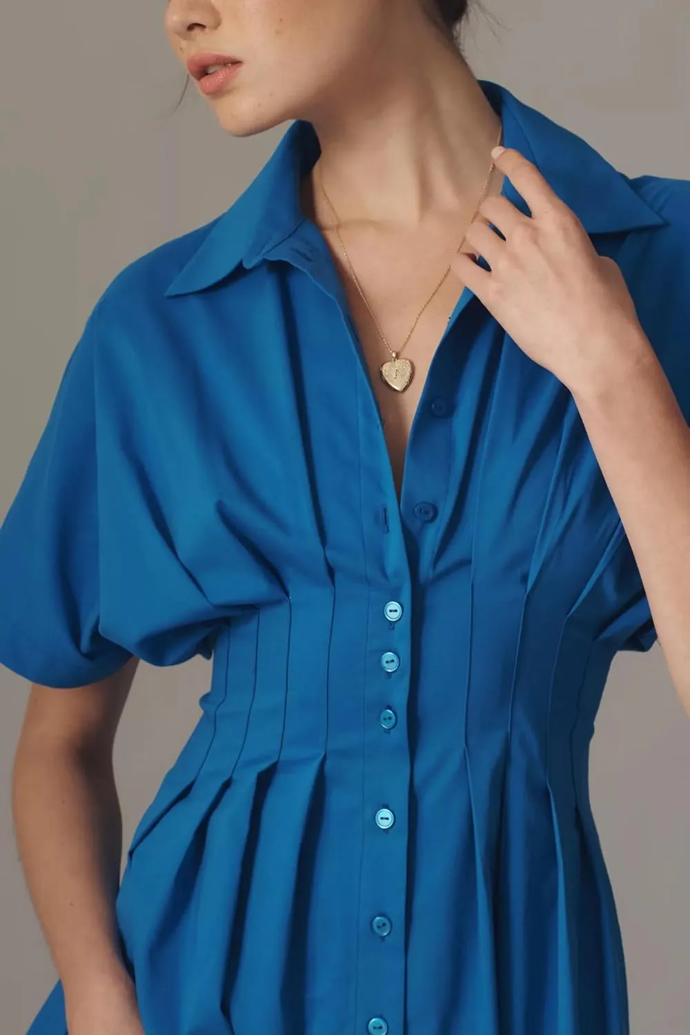 Striped Button Pleated Shirt Maxi Dress for Women Summer Short Sleeve Collar V Neck Corset Long Dress