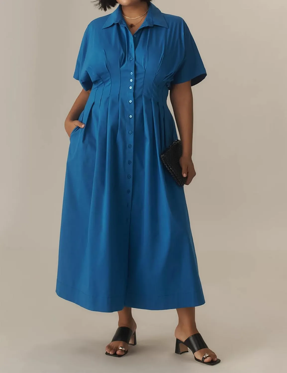 Striped Button Pleated Shirt Maxi Dress for Women Summer Short Sleeve Collar V Neck Corset Long Dress