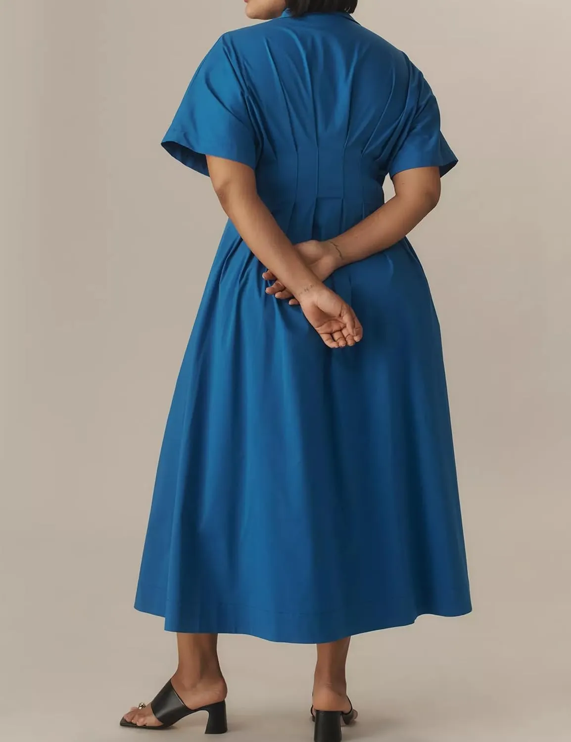 Striped Button Pleated Shirt Maxi Dress for Women Summer Short Sleeve Collar V Neck Corset Long Dress