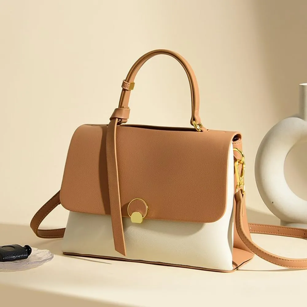Stylish Top Handle Crossbody Bag for Women - Leather Shoulder Bag Flap Purse - Fashionable Ladies Tote Satchel (White Brown)