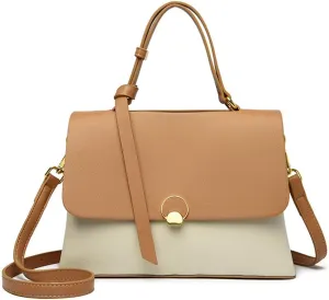 Stylish Top Handle Crossbody Bag for Women - Leather Shoulder Bag Flap Purse - Fashionable Ladies Tote Satchel (White Brown)