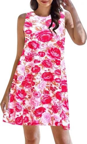 Summer Dresses for Women 2024 Womens Crew Neck Tank Dress Loose Sleeveless Mini Dress Flowy Beach Sundress