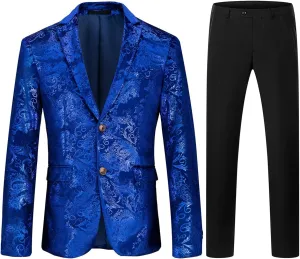TRONSTORE Men's Velvet Suit Set Slim Fit 2 Piece Tuxedos Two Button Pattern Suit Jacket Pants Party Prom