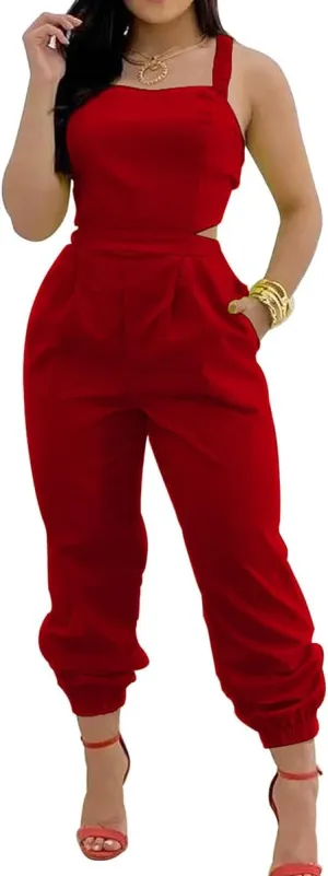 WOKANSE Sleeveless Jumpsuit for Women Sexy Spaghetti Strap Back Cross Tie Up Elastic Harem Long Pants One Pieces Jumpsuit
