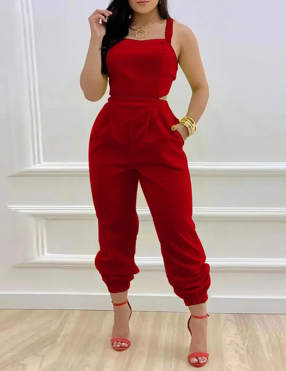 WOKANSE Sleeveless Jumpsuit for Women Sexy Spaghetti Strap Back Cross Tie Up Elastic Harem Long Pants One Pieces Jumpsuit