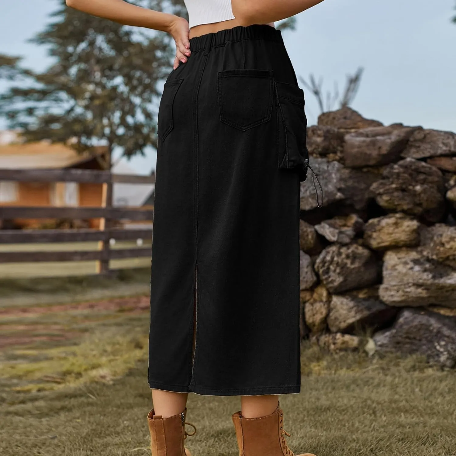 Women Denim Cargo Long Skirts High Waisted Pencil Skirt Midi Length Jean Skirt Casual A-Line Skirt with Cargo Pockets