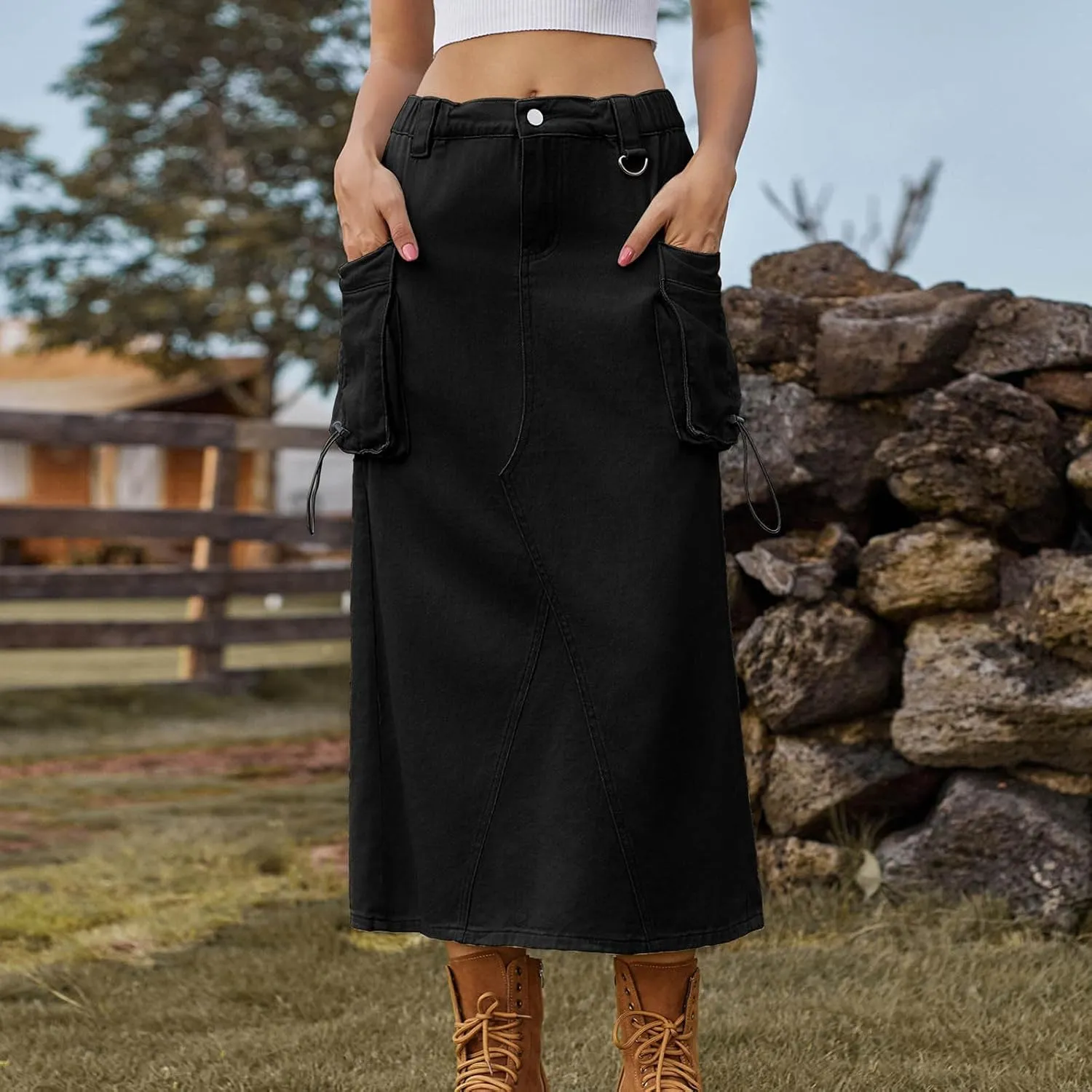 Women Denim Cargo Long Skirts High Waisted Pencil Skirt Midi Length Jean Skirt Casual A-Line Skirt with Cargo Pockets