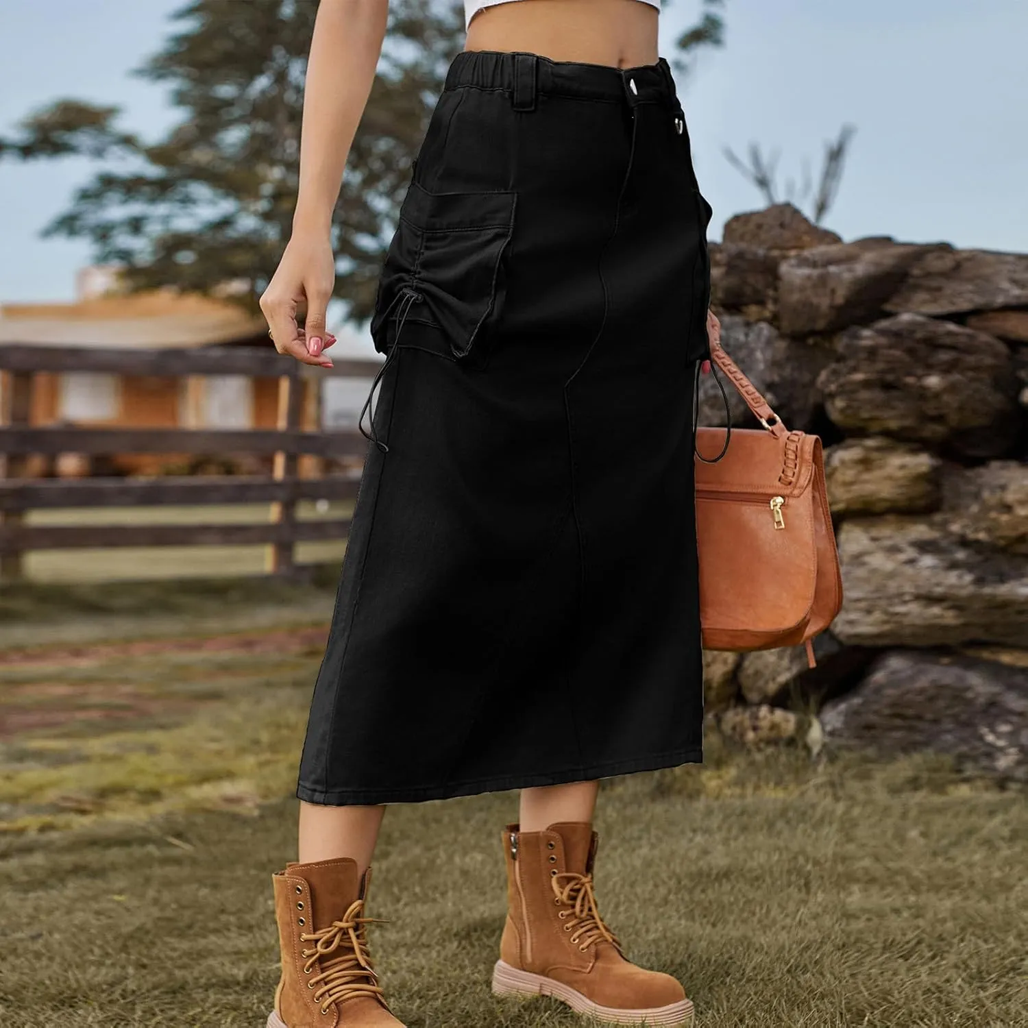 Women Denim Cargo Long Skirts High Waisted Pencil Skirt Midi Length Jean Skirt Casual A-Line Skirt with Cargo Pockets