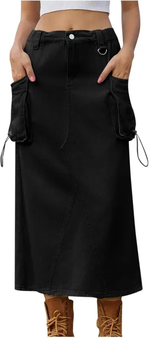 Women Denim Cargo Long Skirts High Waisted Pencil Skirt Midi Length Jean Skirt Casual A-Line Skirt with Cargo Pockets