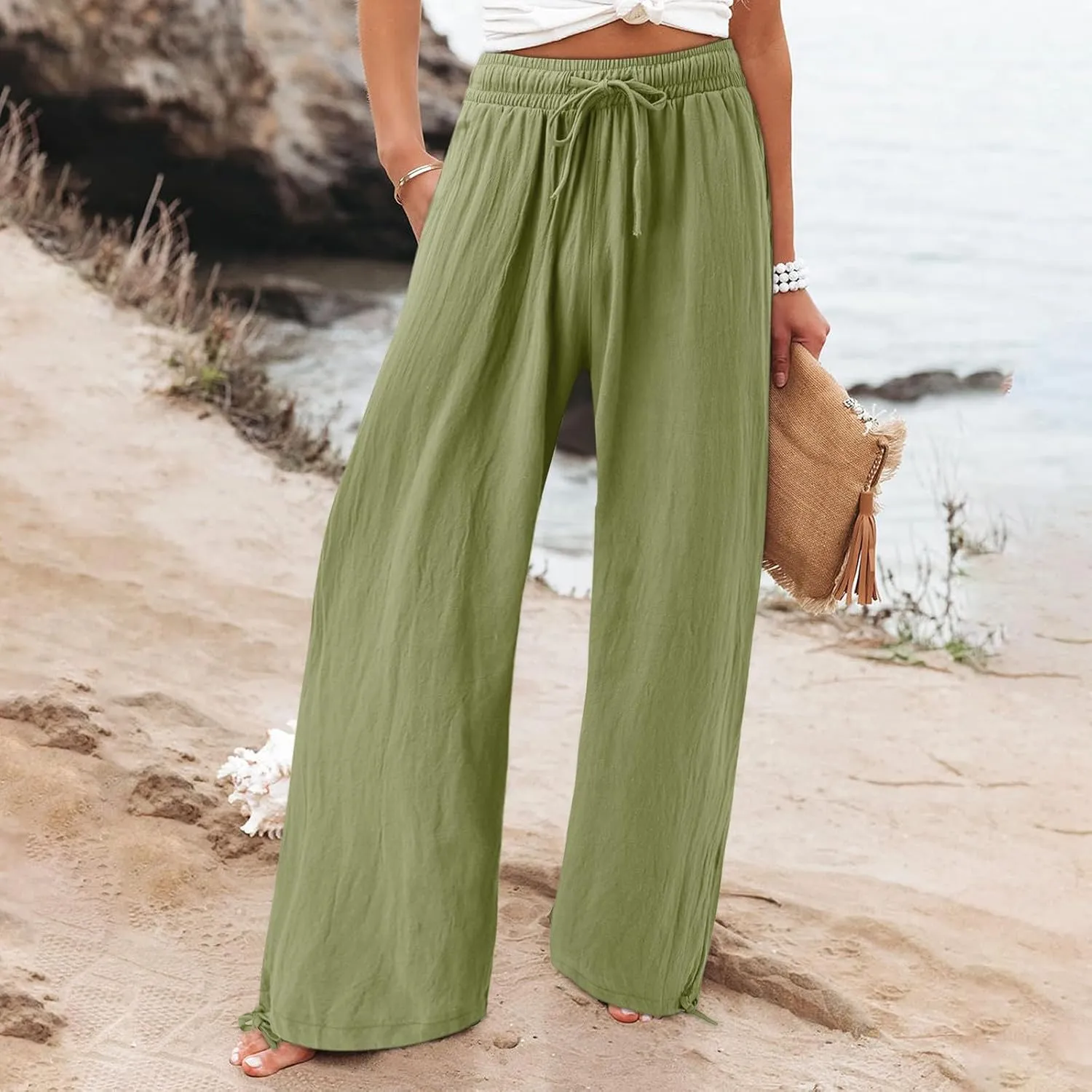 Women Linen Palazzo Pants Summer Boho Wide Leg High Waist Elastic Drawstring Casual Lounge Pant Trousers with Pockets