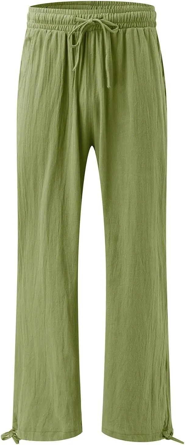 Women Linen Palazzo Pants Summer Boho Wide Leg High Waist Elastic Drawstring Casual Lounge Pant Trousers with Pockets