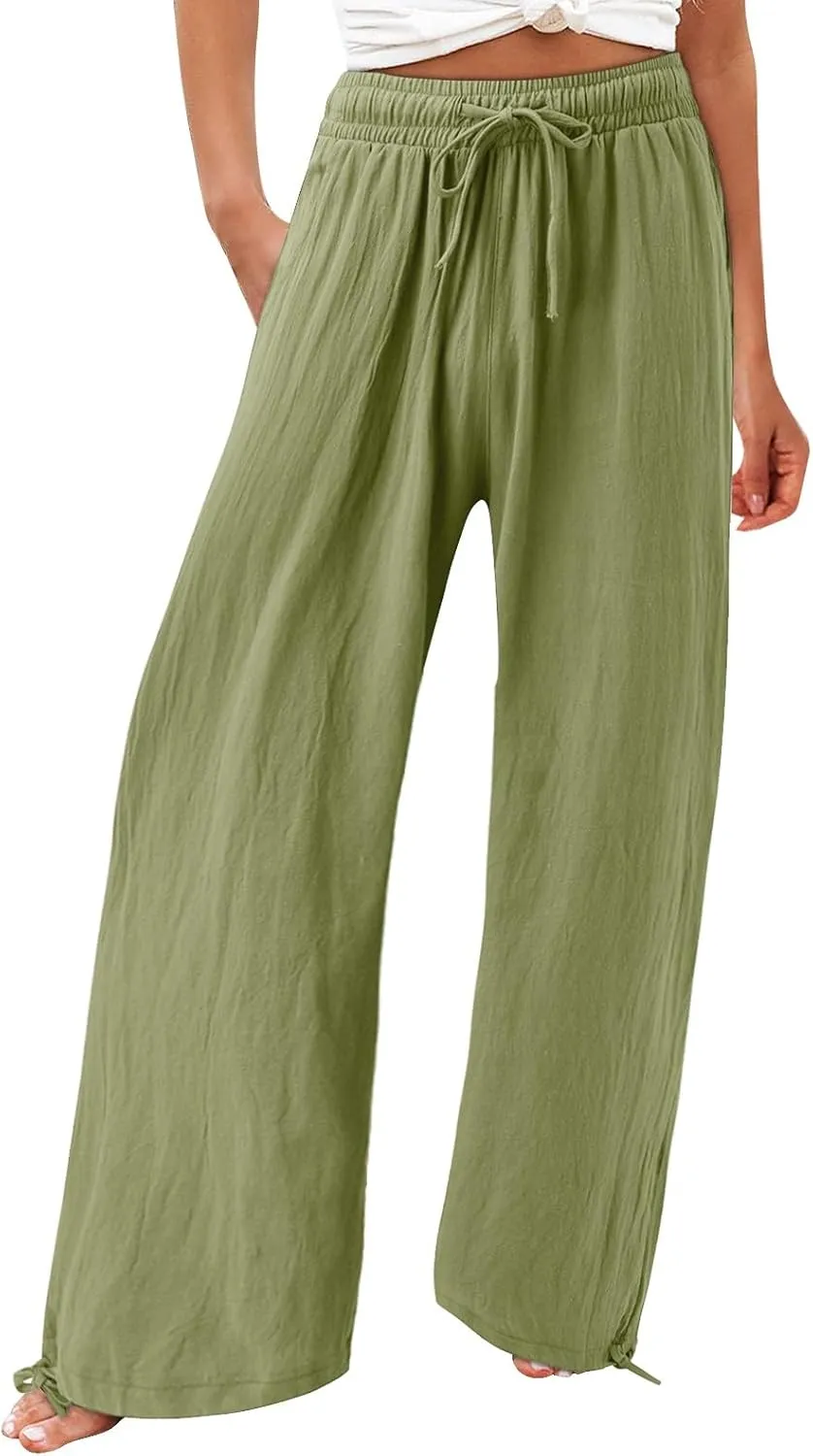 Women Linen Palazzo Pants Summer Boho Wide Leg High Waist Elastic Drawstring Casual Lounge Pant Trousers with Pockets