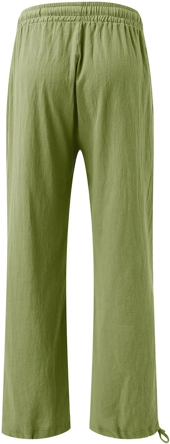 Women Linen Palazzo Pants Summer Boho Wide Leg High Waist Elastic Drawstring Casual Lounge Pant Trousers with Pockets