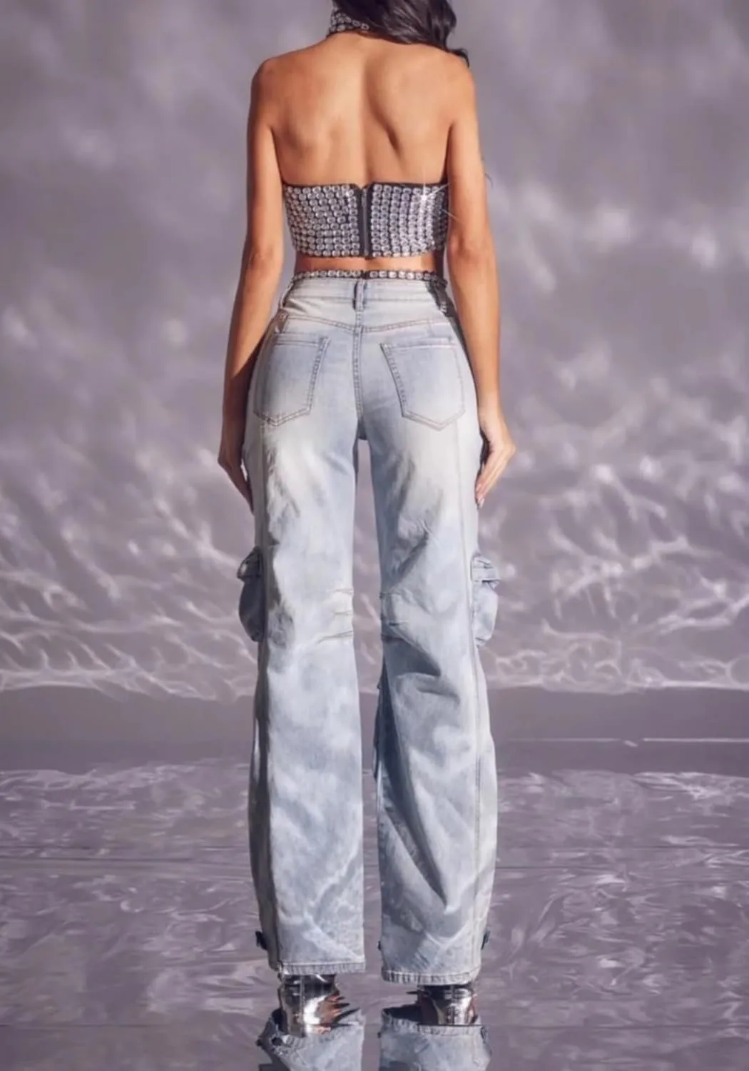 Women Rhinestone Jeans Sexy Sparkly High Waisted Baggy Cut Out Ripped Distressed Stretchy Denim Pants Trend Cargo Jean
