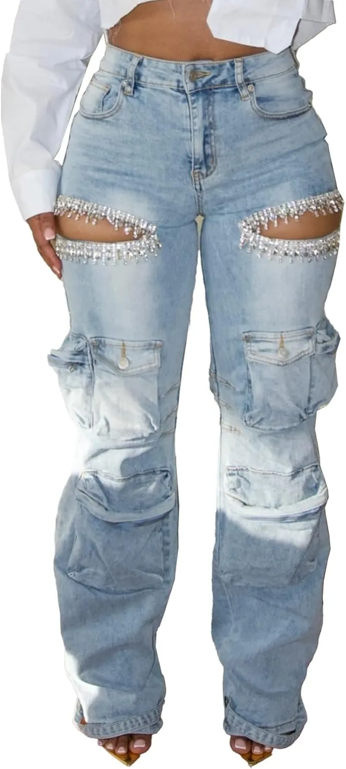 Women Rhinestone Jeans Sexy Sparkly High Waisted Baggy Cut Out Ripped Distressed Stretchy Denim Pants Trend Cargo Jean