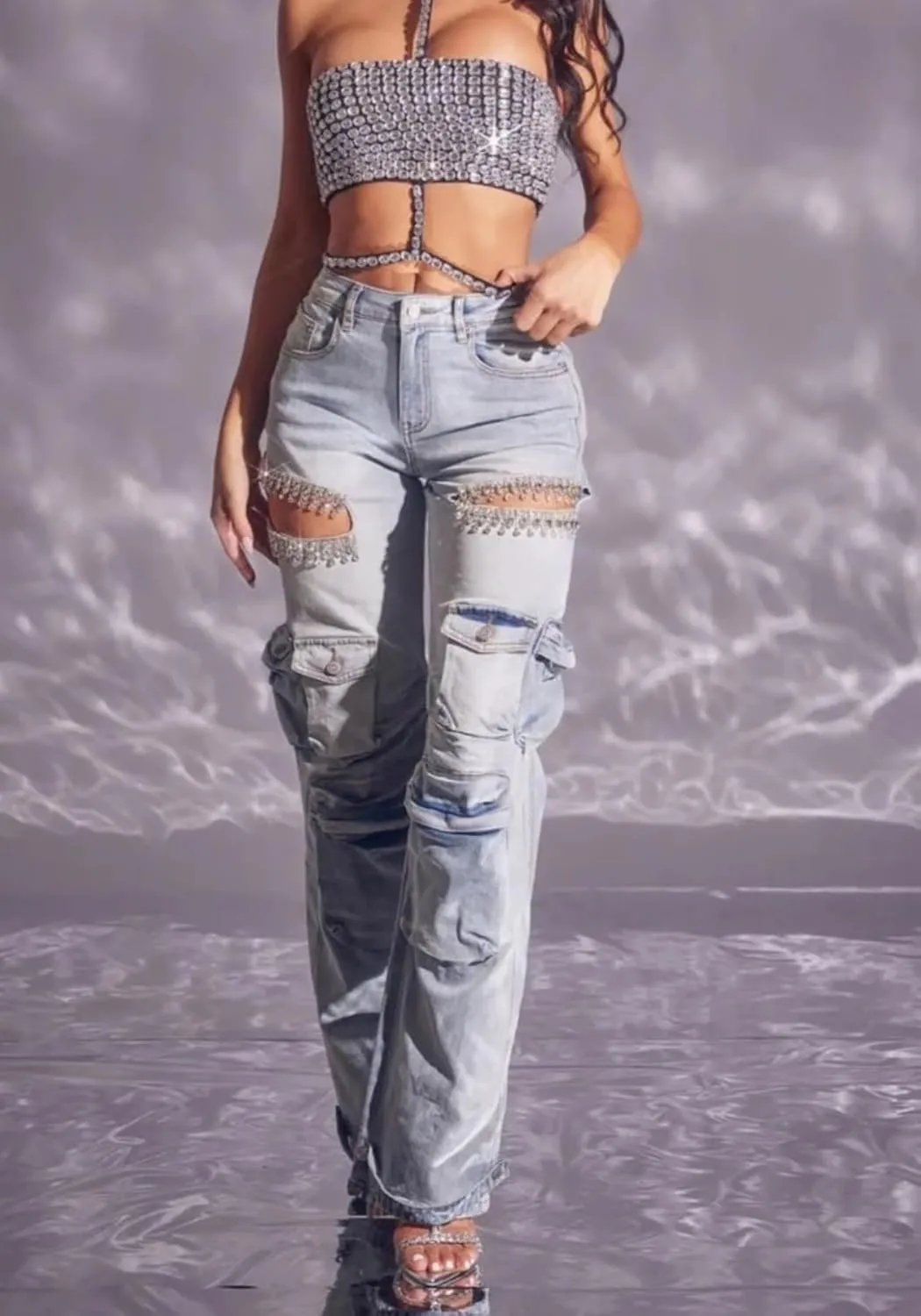 Women Rhinestone Jeans Sexy Sparkly High Waisted Baggy Cut Out Ripped Distressed Stretchy Denim Pants Trend Cargo Jean